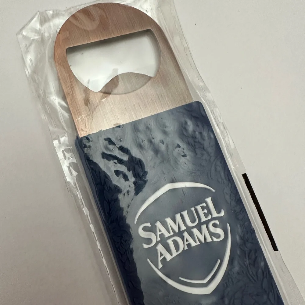 Samuel Adams Flat Metal Bottle Opener Brushed Finish With Textured Grip Blue
